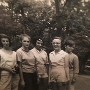 Lucinda Butler, Georgette Morrison, Martha Valentine ,Carolyn McCannon, unknowm at Wesley Methodist choir camp - June '57.JPG